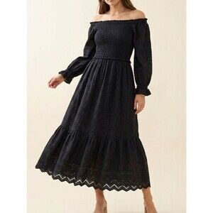 Lilly Pulitzer Arlynn Eyelet Maxi Dress XS Onyx Black Boho Smocked Embroidered